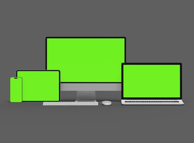 Renderización 3D de teléfonos inteligentes y tabletas portátiles de escritorio en un fondo oscuro