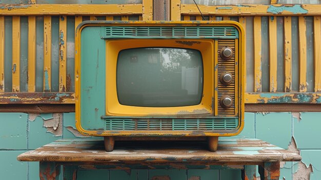 Renderización 3D de un televisor en la parte superior de una mesa de madera contra una pared de luz maqueta de TV en la pared