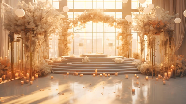 Renderización 3D de un telón de fondo de boda abstracto de lujo de fantasía con un podio y flores