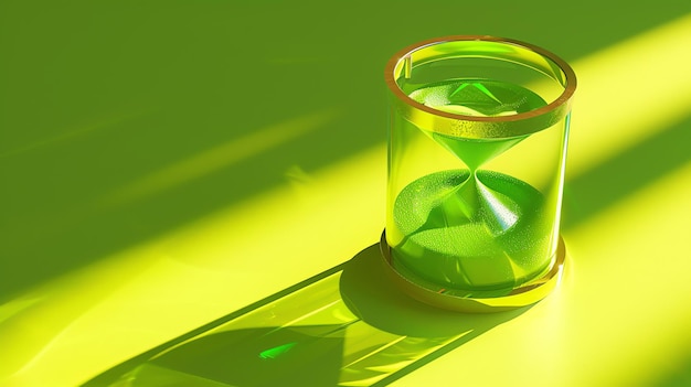 Foto renderización 3d de un temporizador de reloj de arena con líquido verde en el interior sobre un fondo verde el reloj de tierra está hecho de vidrio y tiene un marco de oro