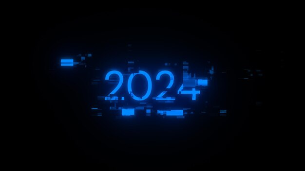 Renderización 3D del texto de 2024 con efectos de pantalla de fallas tecnológicas