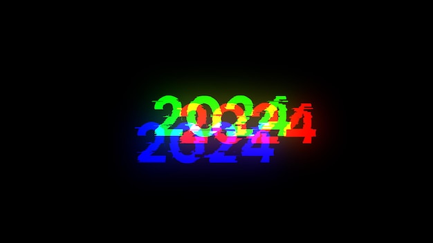 Renderización 3D del texto de 2024 con efectos de pantalla de fallas tecnológicas