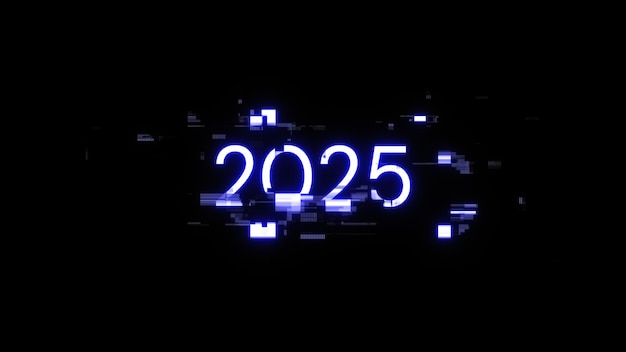 Renderización 3D de texto 2025 con efectos de pantalla de fallas tecnológicas