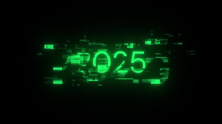 Foto renderización 3d de texto 2025 con efectos de pantalla de fallas tecnológicas