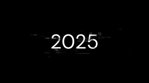 Renderización 3D de texto 2025 con efectos de pantalla de fallas tecnológicas