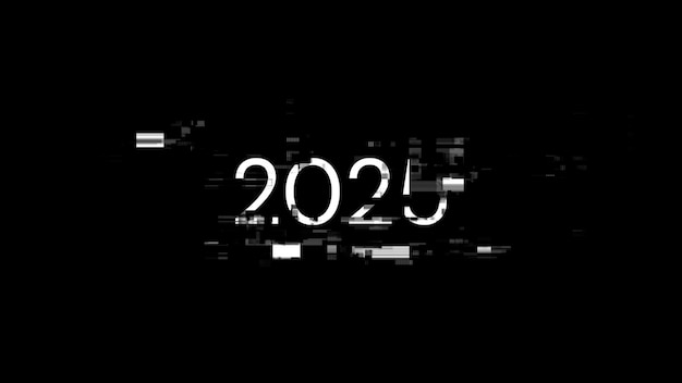 Renderización 3D de texto 2025 con efectos de pantalla de fallas tecnológicas