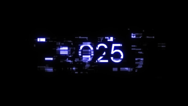 Renderización 3D de texto 2025 con efectos de pantalla de fallas tecnológicas
