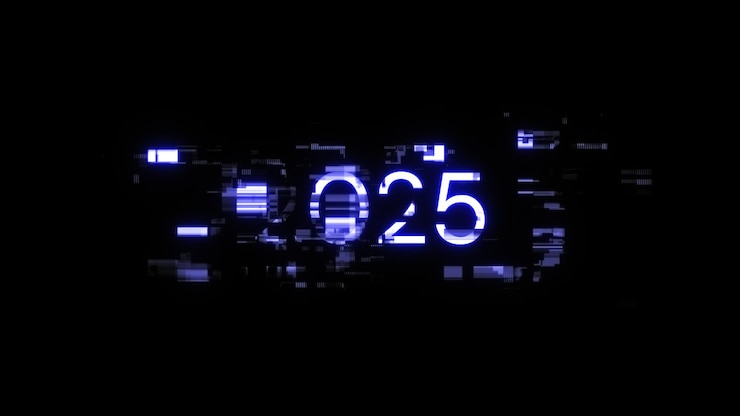 Foto renderización 3d de texto 2025 con efectos de pantalla de fallas tecnológicas