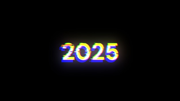 Renderización 3D de texto 2025 con efectos de pantalla de fallas tecnológicas