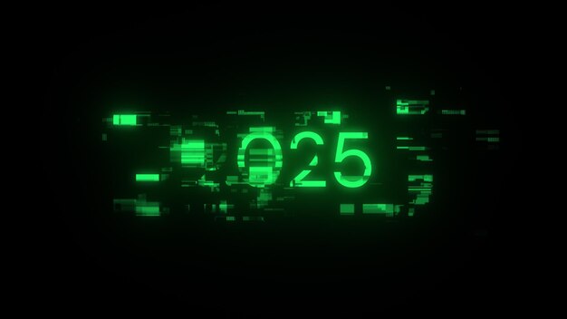 Renderización 3D de texto 2025 con efectos de pantalla de fallas tecnológicas