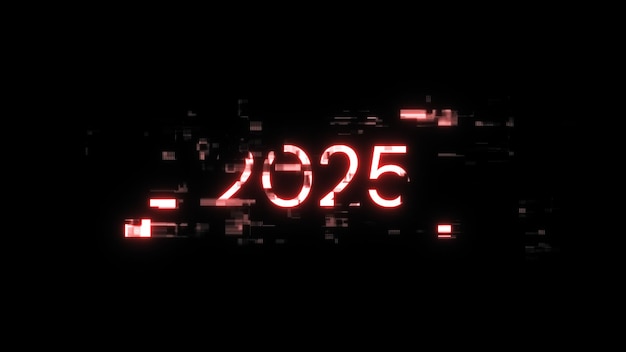 Renderización 3D de texto 2025 con efectos de pantalla de fallas tecnológicas