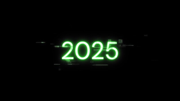 Renderización 3D de texto 2025 con efectos de pantalla de fallas tecnológicas