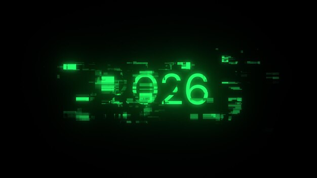 Renderización 3D de texto 2026 con efectos de pantalla de fallas tecnológicas