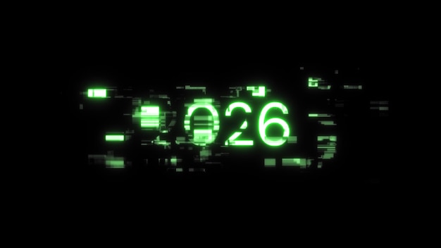 Renderización 3D de texto 2026 con efectos de pantalla de fallas tecnológicas