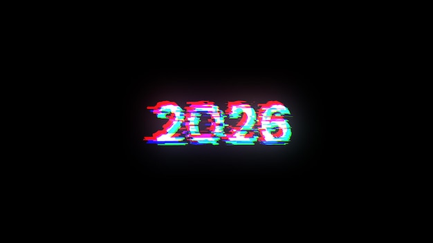 Renderización 3D de texto 2026 con efectos de pantalla de fallas tecnológicas