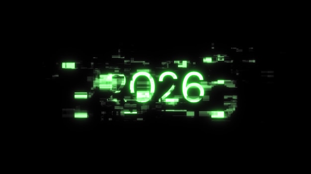 Renderización 3D de texto 2026 con efectos de pantalla de fallas tecnológicas