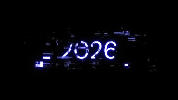 Renderización 3D de texto 2026 con efectos de pantalla de fallas tecnológicas