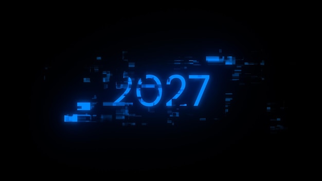 Renderización 3D de texto 2027 con efectos de pantalla de fallas tecnológicas