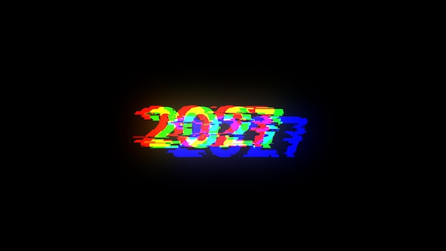 Renderización 3D de texto 2027 con efectos de pantalla de fallas tecnológicas