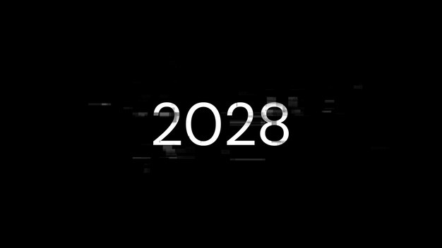 Renderización 3D de texto 2028 con efectos de pantalla de fallas tecnológicas