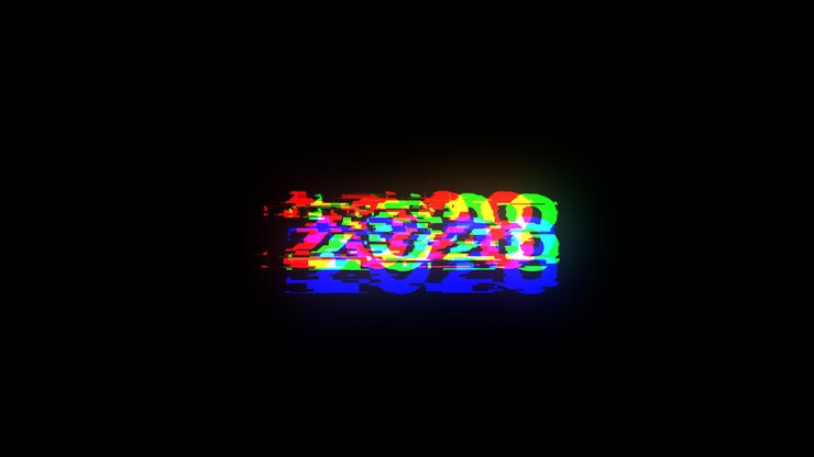 Foto renderización 3d de texto 2028 con efectos de pantalla de fallas tecnológicas