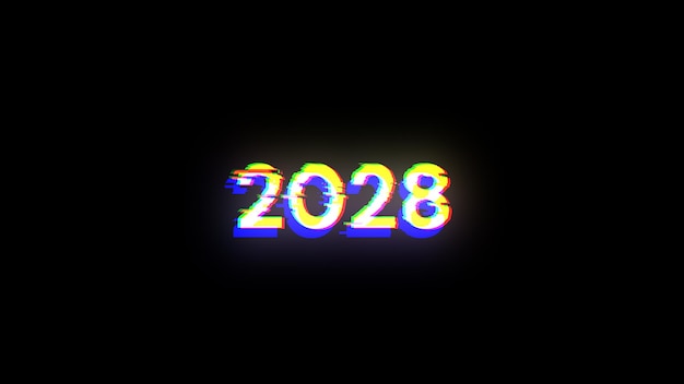 Renderización 3D de texto 2028 con efectos de pantalla de fallas tecnológicas