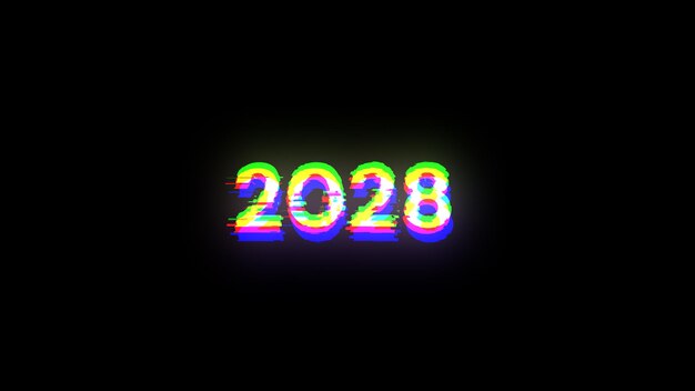 Renderización 3D de texto 2028 con efectos de pantalla de fallas tecnológicas