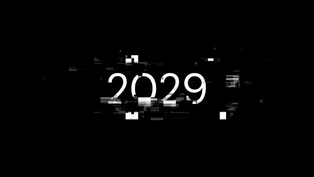 Renderización 3D de texto 2029 con efectos de pantalla de fallas tecnológicas