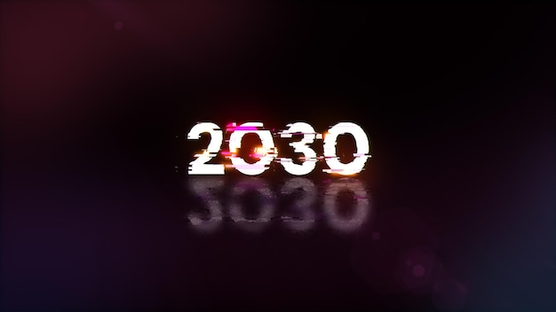 Renderización 3D de texto 2030 con efectos de pantalla de fallas tecnológicas