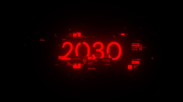 Foto renderización 3d de texto 2030 con efectos de pantalla de fallas tecnológicas
