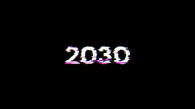 Renderización 3D de texto 2030 con efectos de pantalla de fallas tecnológicas