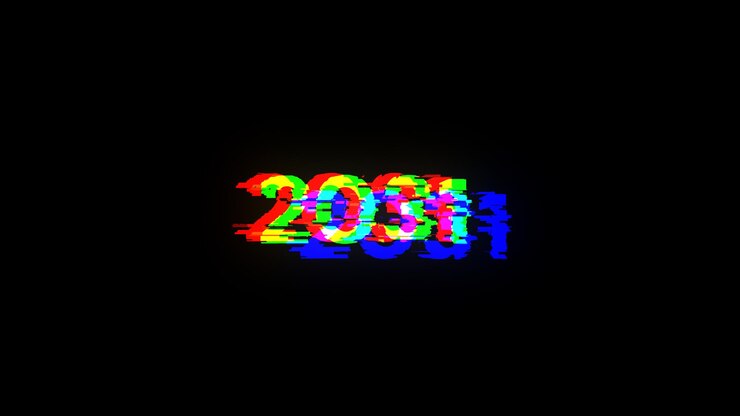 Foto renderización 3d de texto 2031 con efectos de pantalla de fallas tecnológicas