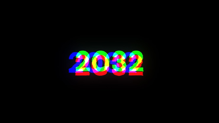 Foto renderización 3d de texto 2032 con efectos de pantalla de fallas tecnológicas