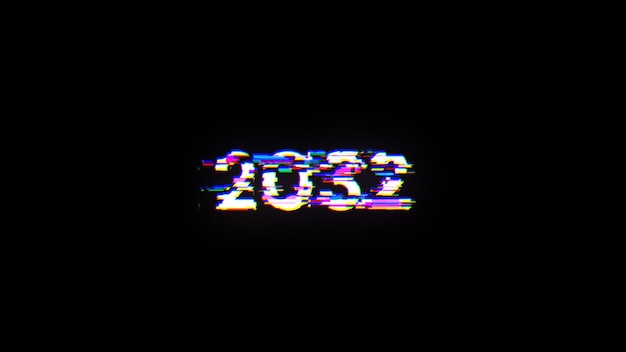 Renderización 3D de texto 2032 con efectos de pantalla de fallas tecnológicas