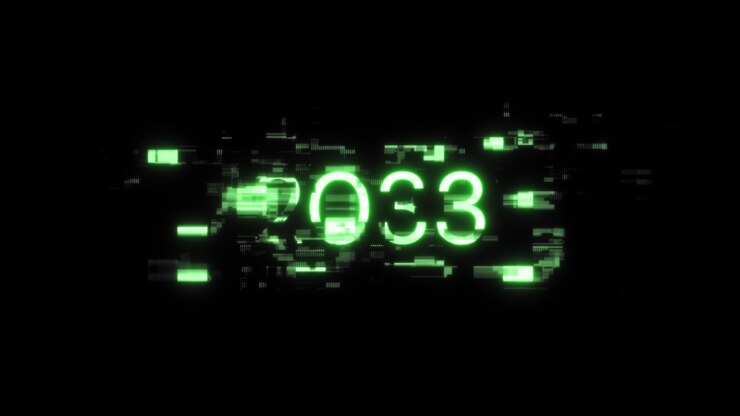 Foto renderización 3d de texto 2033 con efectos de pantalla de fallas tecnológicas