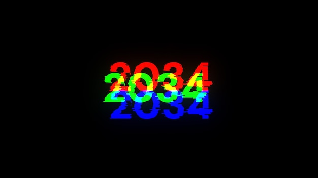 Renderización 3D de texto 2034 con efectos de pantalla de fallas tecnológicas