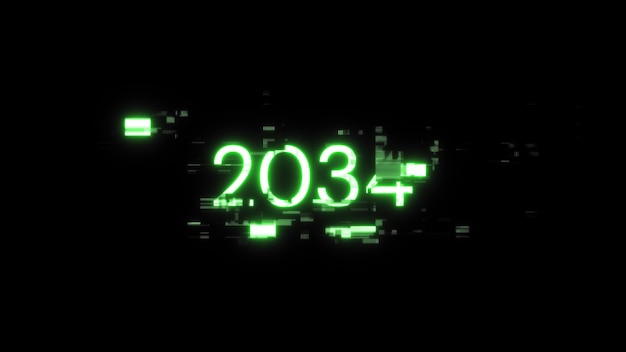 Renderización 3D de texto 2034 con efectos de pantalla de fallas tecnológicas