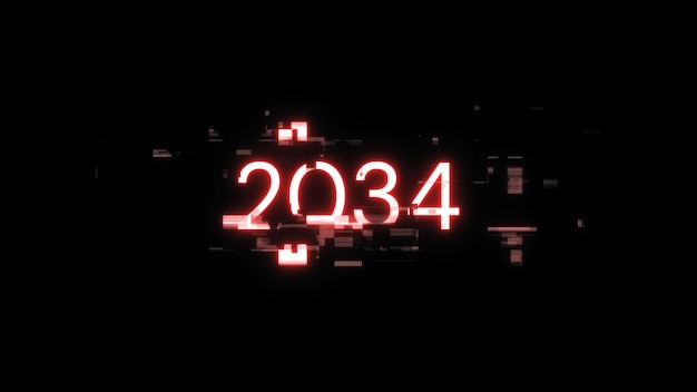 Renderización 3D de texto 2034 con efectos de pantalla de fallas tecnológicas