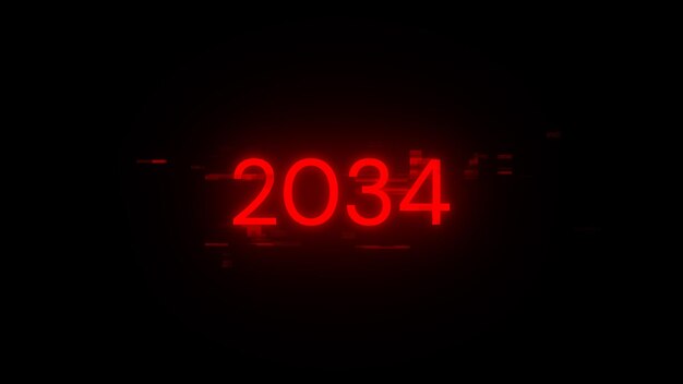 Renderización 3D de texto 2034 con efectos de pantalla de fallas tecnológicas