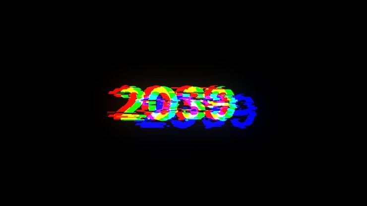 Foto renderización 3d de texto 2039 con efectos de pantalla de fallas tecnológicas