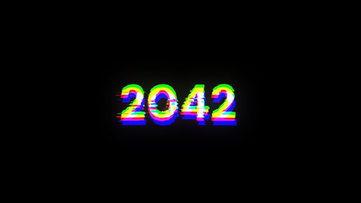 Foto renderización 3d de texto 2042 con efectos de pantalla de fallas tecnológicas