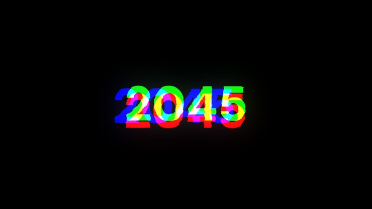Foto renderización 3d de texto 2045 con efectos de pantalla de fallas tecnológicas