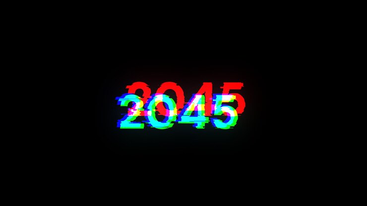 Foto renderización 3d de texto 2045 con efectos de pantalla de fallas tecnológicas