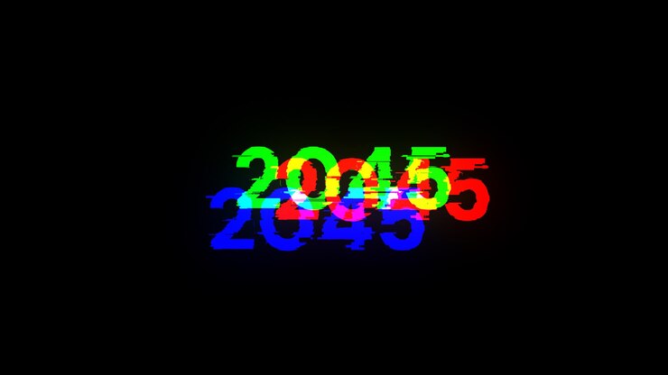Foto renderización 3d de texto 2045 con efectos de pantalla de fallas tecnológicas