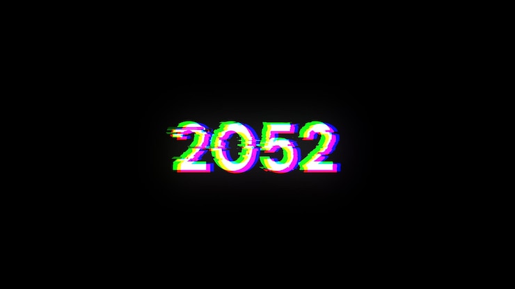 Foto renderización 3d de texto 2052 con efectos de pantalla de fallas tecnológicas