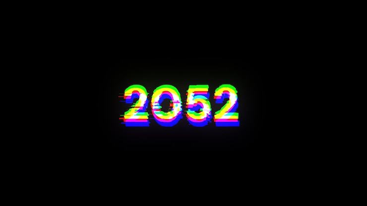 Foto renderización 3d de texto 2052 con efectos de pantalla de fallas tecnológicas
