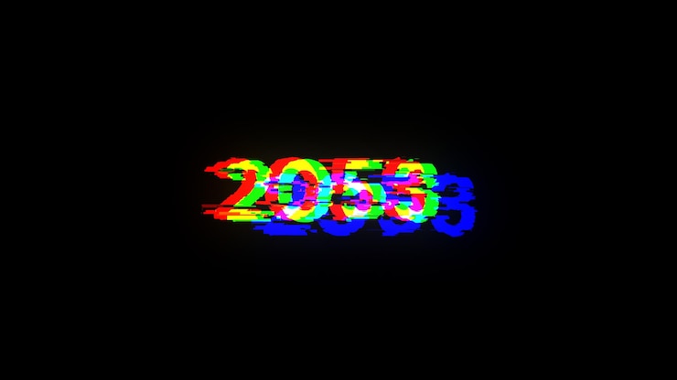 Foto renderización 3d de texto 2053 con efectos de pantalla de fallas tecnológicas