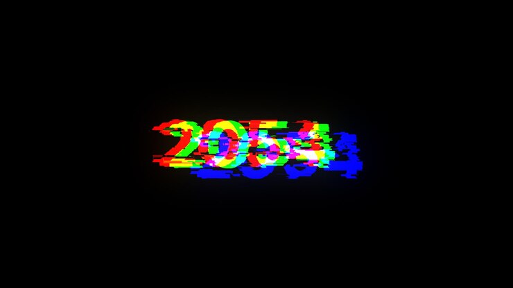 Foto renderización 3d de texto 2054 con efectos de pantalla de fallas tecnológicas