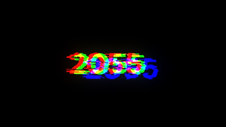 Foto renderización 3d de texto 2055 con efectos de pantalla de fallas tecnológicas
