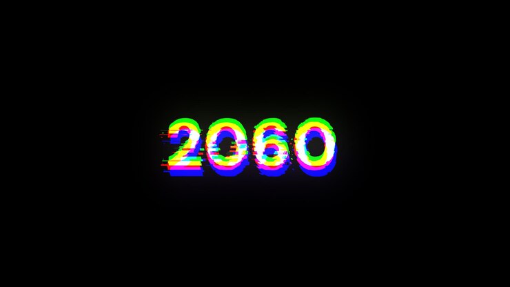 Foto renderización 3d de texto 2060 con efectos de pantalla de fallas tecnológicas